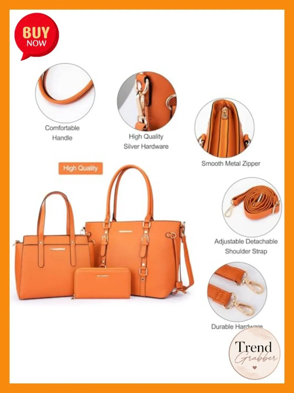 3-Piece PU Leather Tote Bag and Wallet Set with Shoulder Strap
